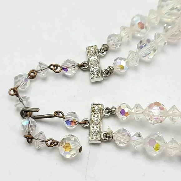 Clear Glass Aurora Borealis Crystal Dual Strand Rhinestone Clasp Necklace 18" - Picture 4 of 4